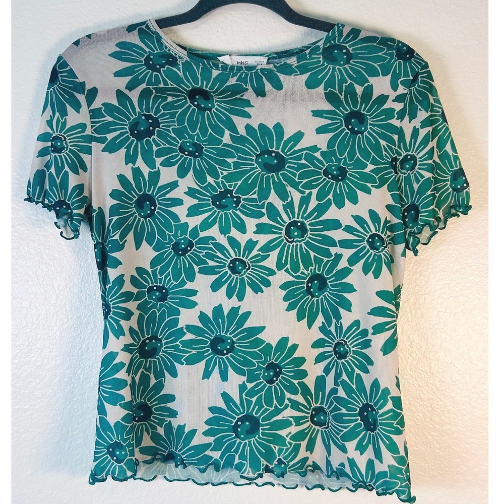 MNG 90s Y2K Dopamine Floral Mesh Top Teal White Lettuce Edge Short Sleeve SZ M